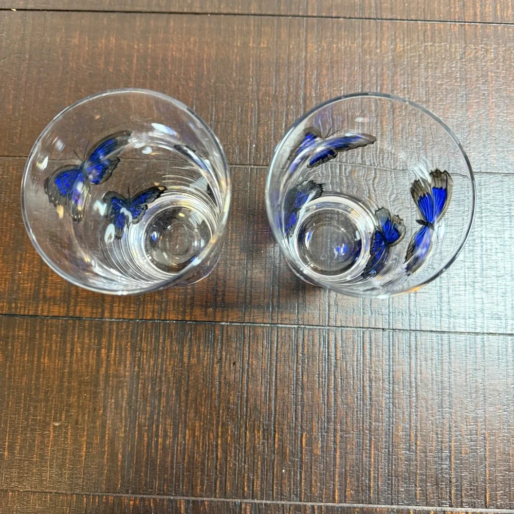 Painted Blue Butterfly Set‎ of 2 Nature Inspired Drinking Pint Glasses Fairycore